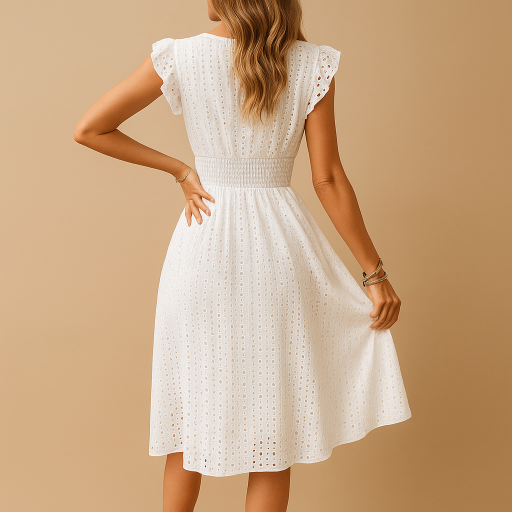 White midi summer dress with ruffle detail for women | Lieke 4